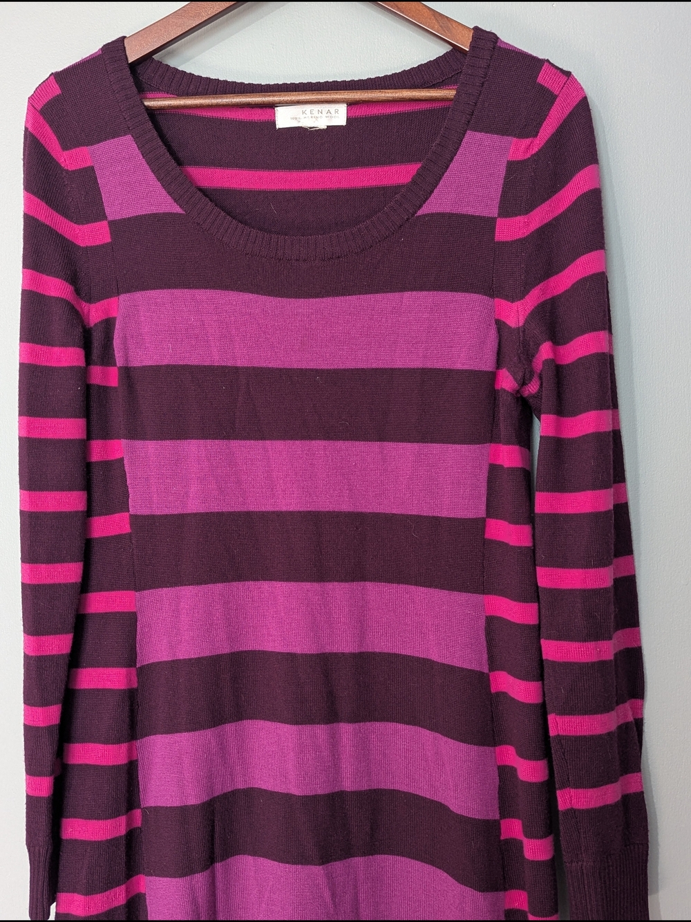 Kenar Women's Marino Wool Striped Scoop Neck Tunic Dress Magenta 90s Grunge - Picture 3 of 11